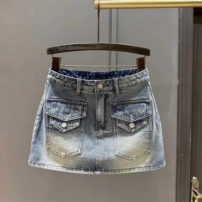 

Уникальная голубая джинсовая юбка с карманами, женская осенняя новая стильная облегающая короткая юбка трапециевидной формы, модная
