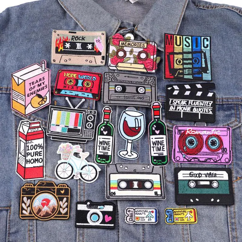 Music Tape Patch DIY Wine Cup/Cartoon Embroidery Patch Book Badge Iron On Patches For Clothing thermoadhesive Patches On Clothes