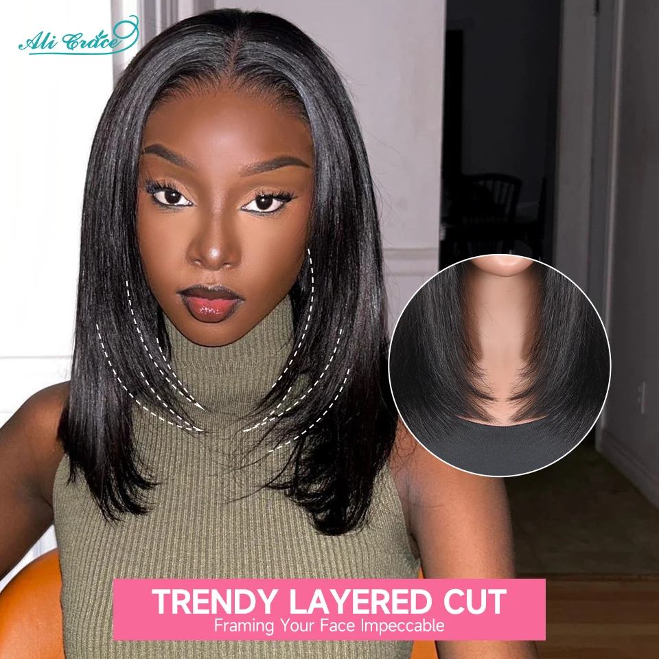 Ali Grace 5x5 Парик с застежкой Новый модный многослойный парик с прямыми человеческими волосами Короткий парик Натуральный цвет 5x5 Парик с застежкой на кружево для женщин