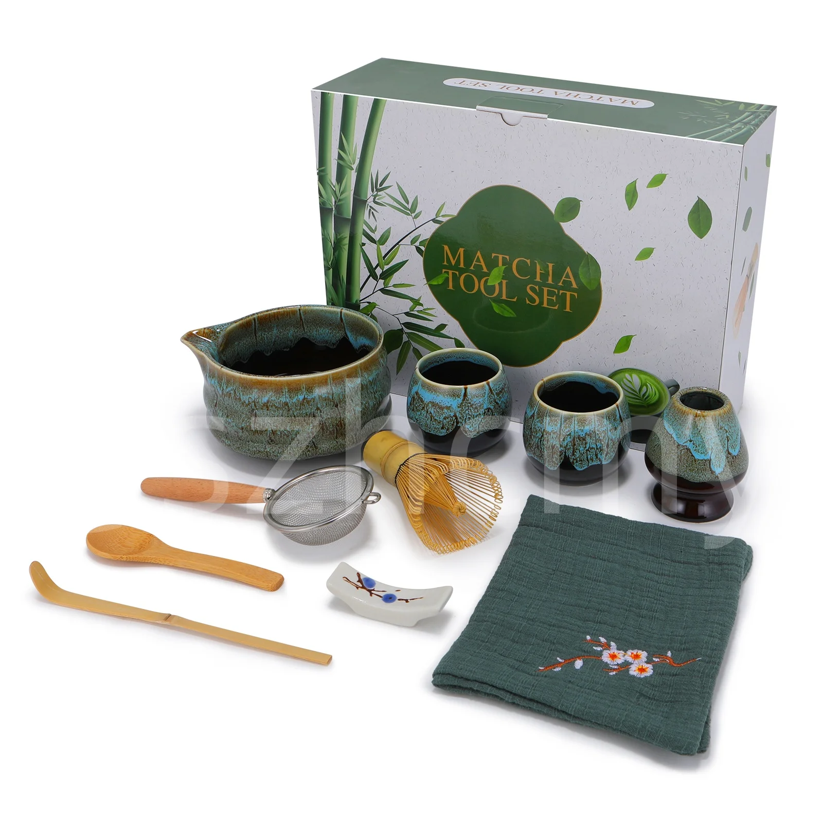 

A 10-piece Japanese matcha tool set, featuring a kiln-fired glazed ceramic matcha bowl and a bamboo whisk