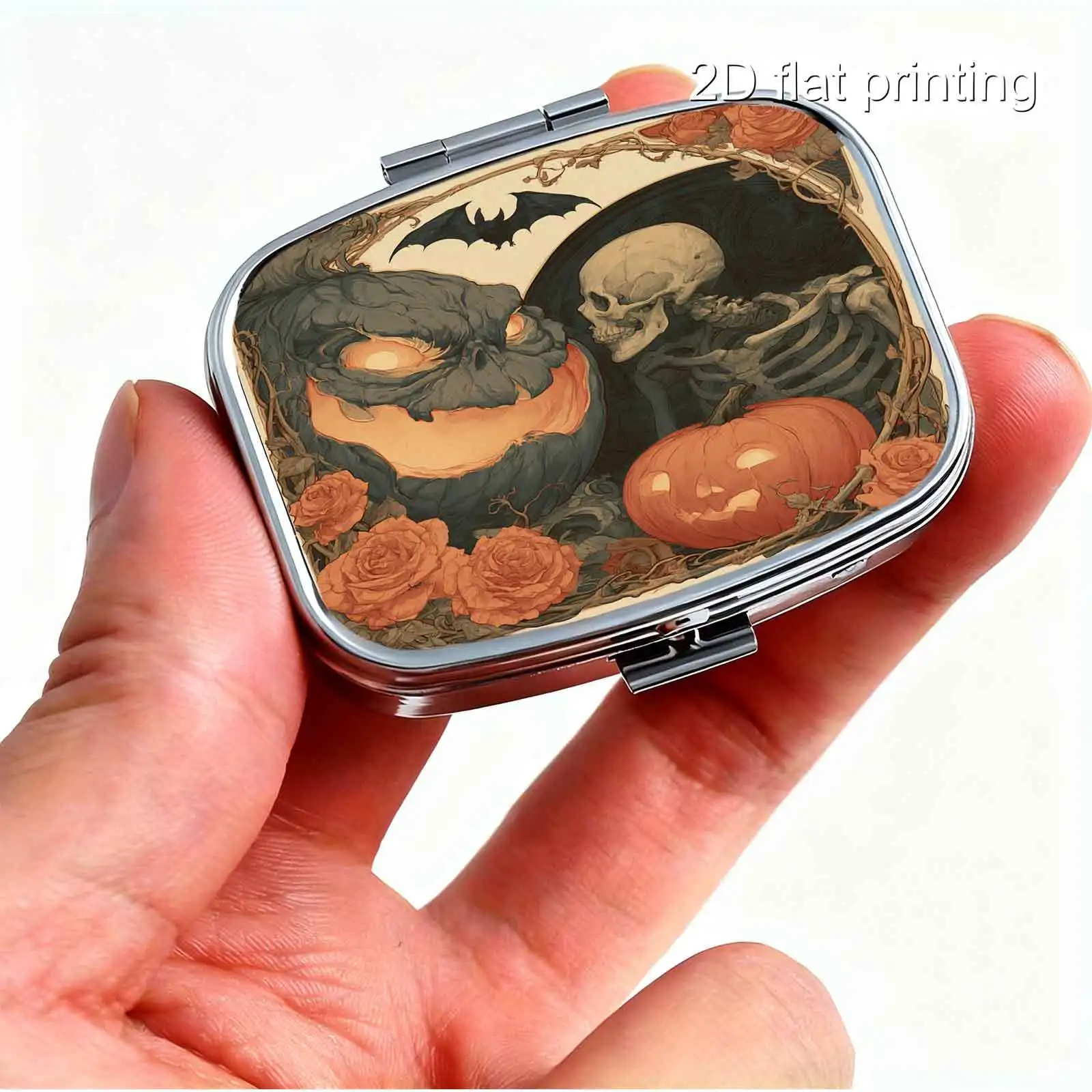 1Pc Flat Printing Pill Box, Portable Metal Material, Halloween Vintage Paper-Style Skull, Pumpkin, Bat Square Print, Retro Distressed Texture Square Design - Pocket-Sized Pill Box - Essential Medicine - Compact Creative Trinket Box - Small Particle Storage - Compartment Design - Compartmentalized Storage - Lightweight and Convenient to Carry