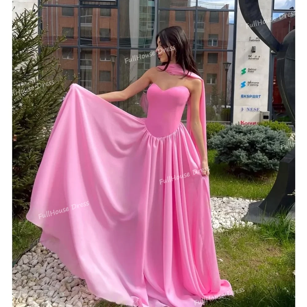 

Custom Made Pink Sweetheart Collar Chiffon A-line Flowing Evening Gown Shawl Backless Floor Length Party Dress with Sweep Train