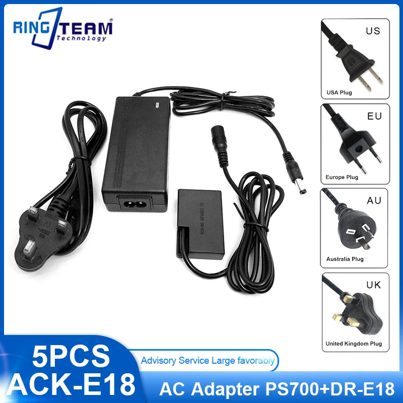 5pcs ACK-E18 ACKE18 AC Power Adapter AC-E6+LP-E17 DR-E18 DRE18 for Canon EOS 77D 200D 750D T6i 760D T6s T7i X8i 8000D sl2 sl3