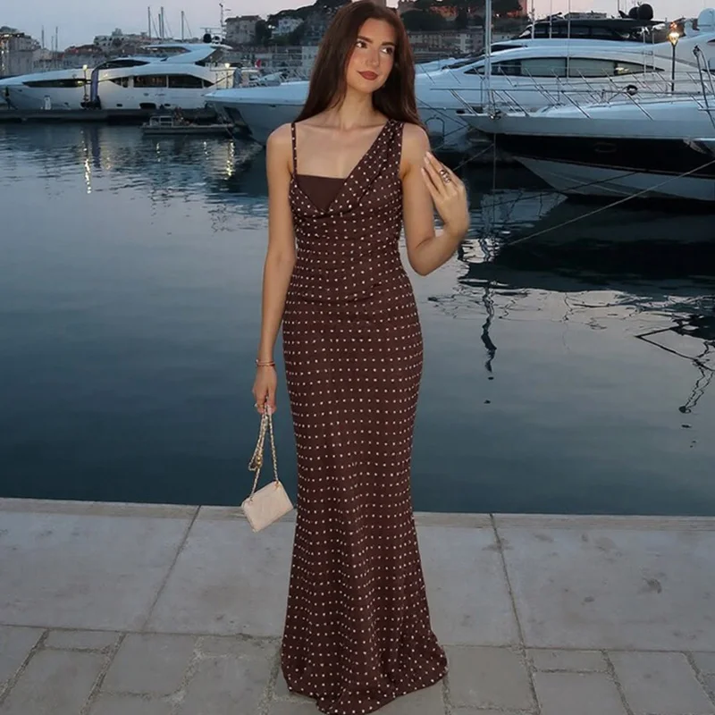 

Ticketsx Sexy Polka Dot Print Dress Women Fashion New Contrast Ruched Patchwork Slim Sling Dress Backless Party Evening Dress