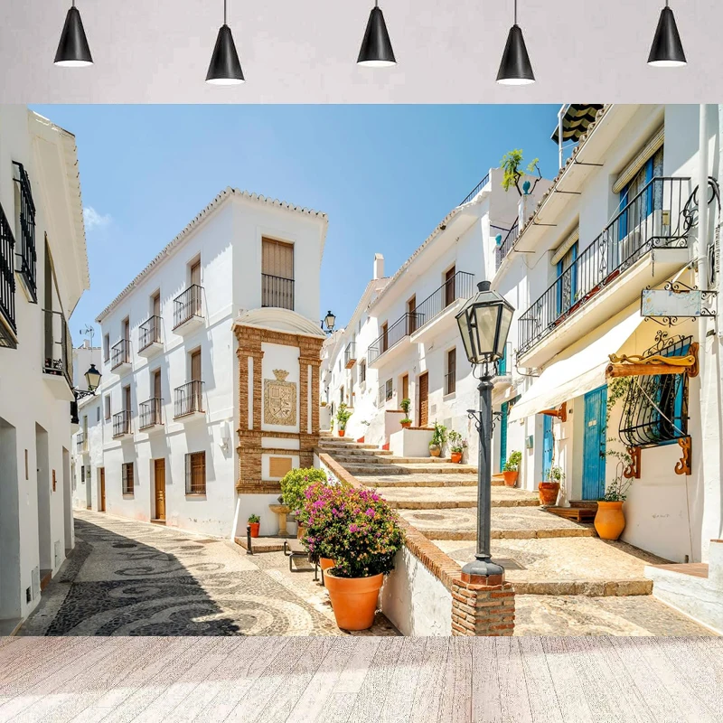 Spagna Retro Street Photography fondale europa Vintage Town Brick White Building Flower Blooming scale Spring Background Wall