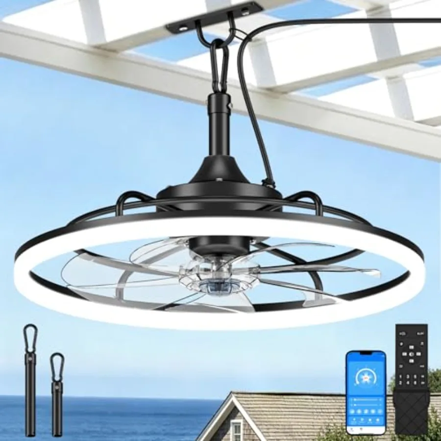 Outdoor Ceiling Fans with Light for Patios, 23.6in Weatherproof Plug in Ceiling Fan, 3000K-6500K Dimmable Gazebo Fan RemoteAPP