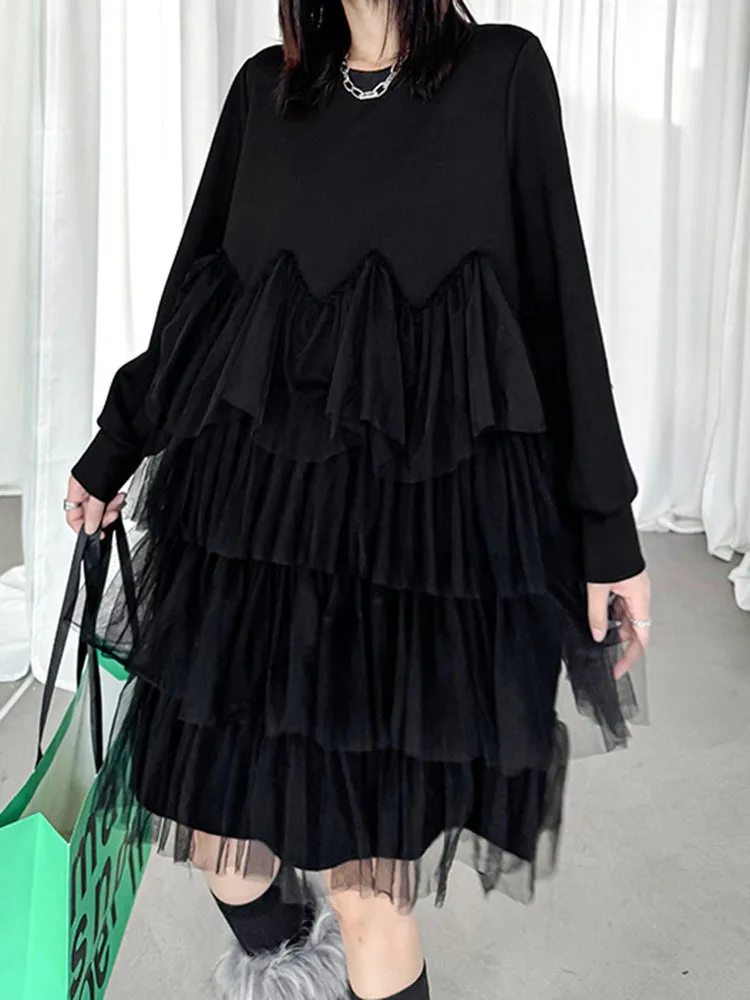 [EAM] Women Black Mesh Spliced Elegant Big Size Mini Dress New Round Neck Long Sleeve Fashion Tide Spring Autumn 2024 1DH6860