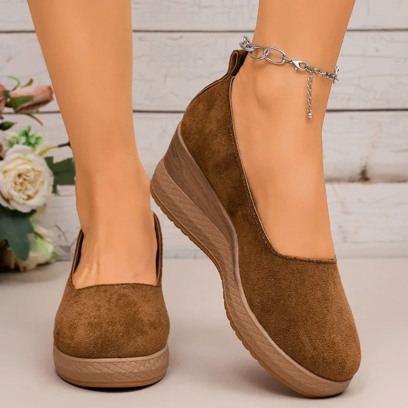 

Simple Slip-on Wedge Sneakers Autumn New Round Toe Suede Platform Anti-Slip Wear-Resistant High Heels
