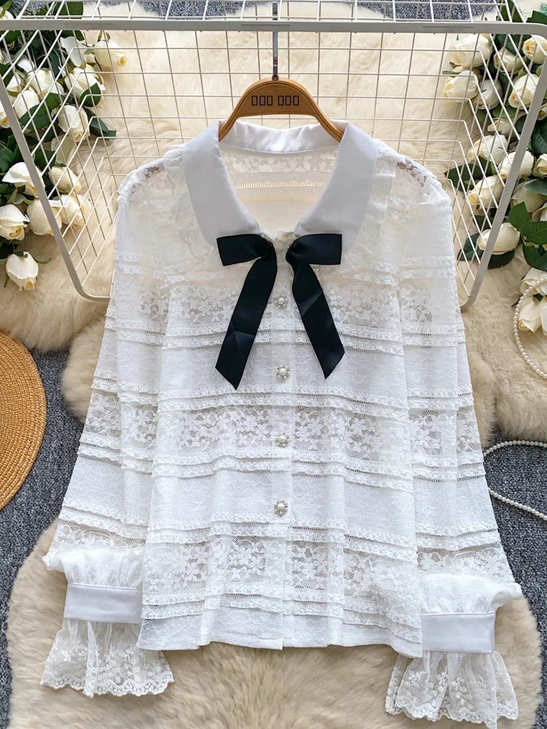 Ele Long Sve Lace irt Damen-Puppenkragen mit dünnem SLE-Knoten, Farbe Bl, Pendelfreundlich, koreanische lockere Passform