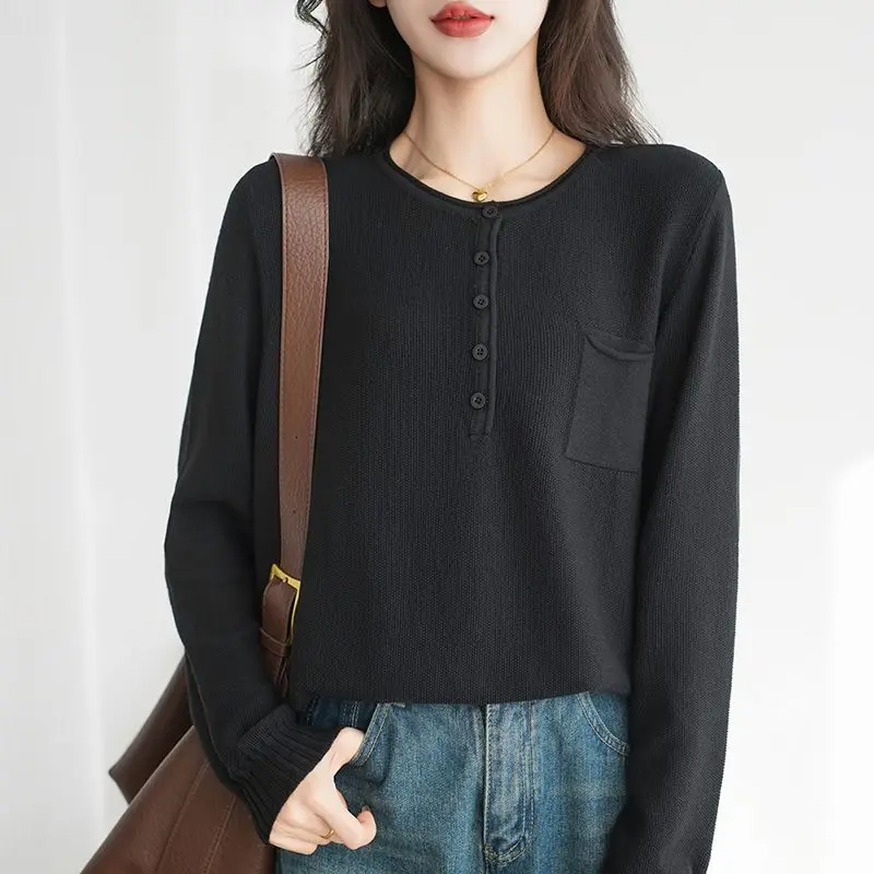 Chemise de Base tricotée à col semi-ouvert et boutons en fil de coton pur pour femmes, haut Design de pull ample et à la mode