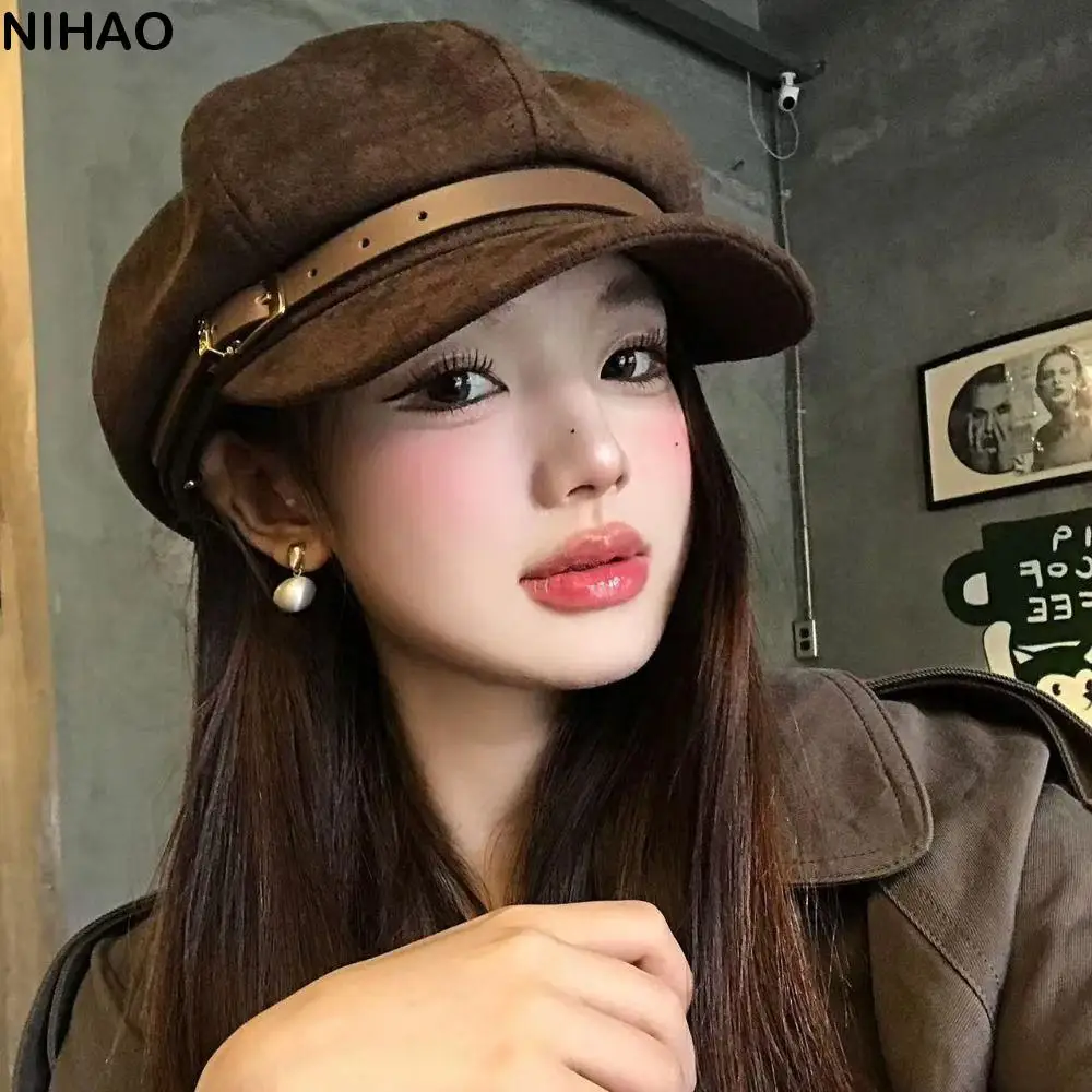 

Fashion British Style Pu Leather Beret Brown Retro Suede Octagonal Hat Artist Hat Belt Buckle Painter Hat Winter