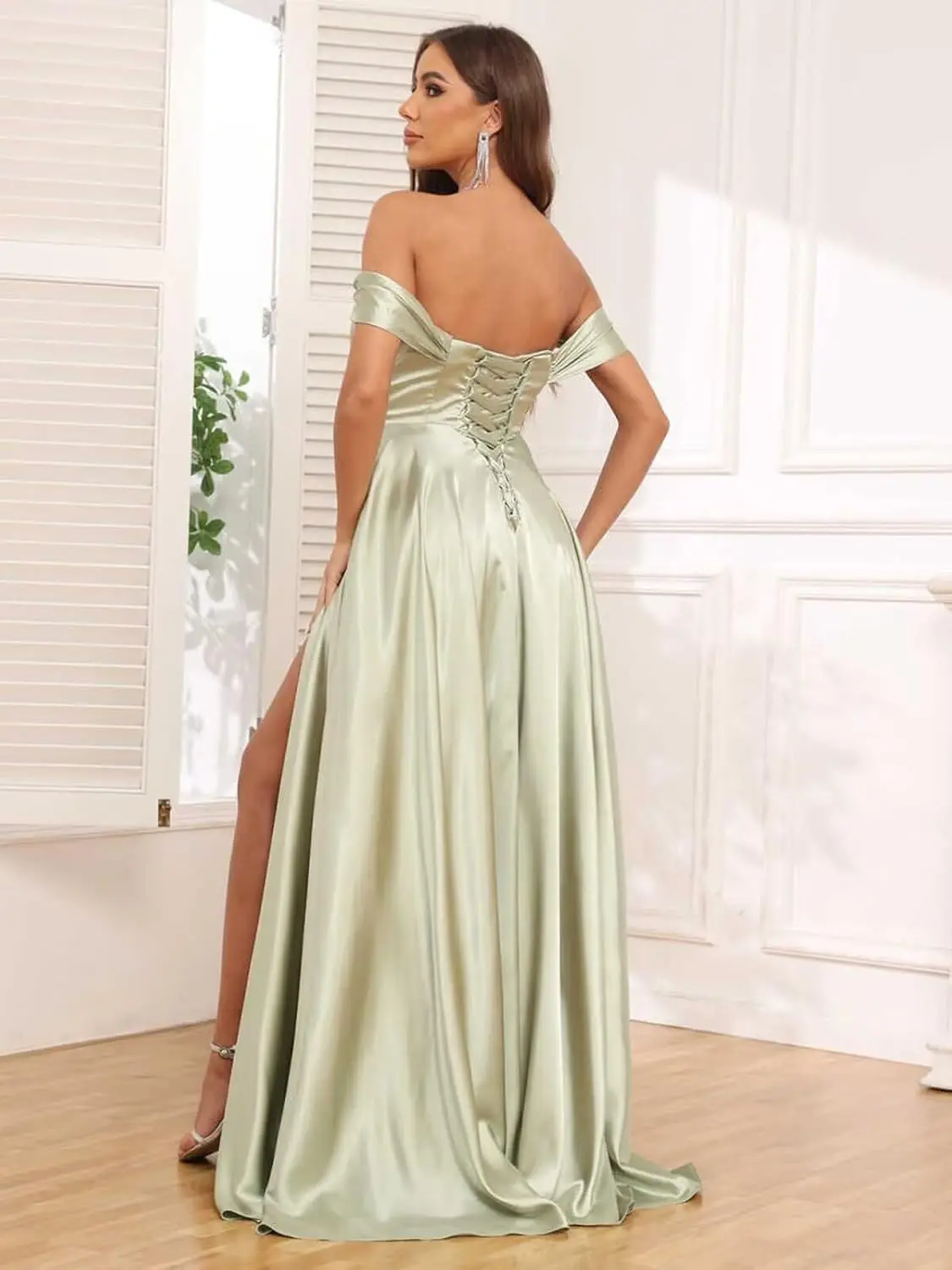 Vestido de baile de cetim longo fora do ombro vestidos de dama de honra para mulheres com fenda plissado vestido formal vestidos de festa vestido de luxo