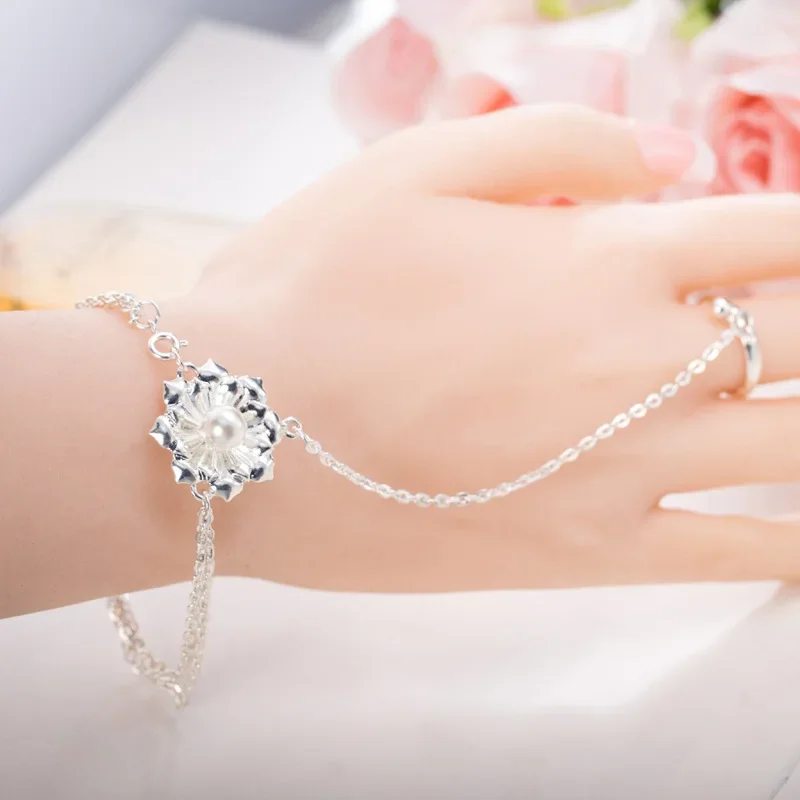 INS Flower Lotus Bracelet Women's Ring Integrated Jewelry Ring Chain Y2K Sweet Fresh Girl's Best Friend Birthday Jewelry Gift