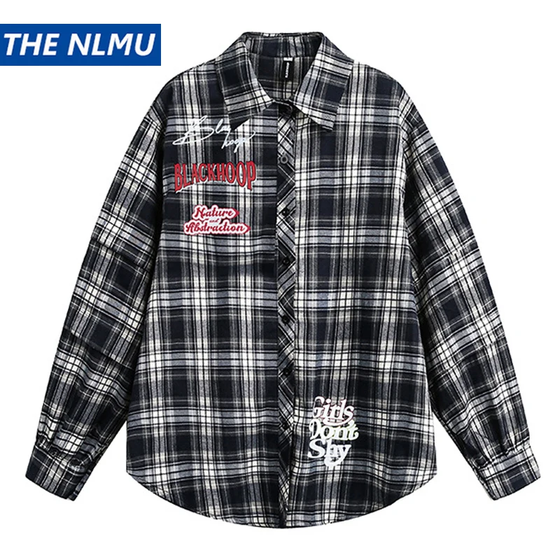 

2025 Spring Plaid Shirts Men Harajuku Hip Hop Streetwear Long Sleeve Shirts Coats Loose Casual Button Up Blouse Y2K Tops