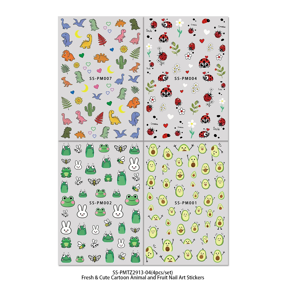 Cartoon Animal Fruit Nail Art Stickers Dinosaur Ladybug Frog Avocado Designs Kawaii DIY Nail Decals for Spring Summer Daily, Cam