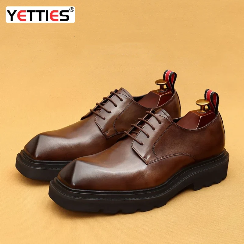 

Thick soled lace up men's shoes, genuine leather derby business casual shoes, British retro square toe height increasing shoes