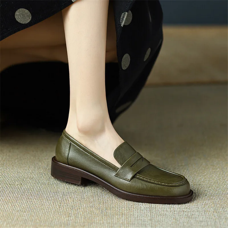 Spring Cow Leather Women Shoes Casual Round Toe Loafers Thick Heel Slip-On Shoes for Women Retro Women Pumps Zapatos De Mujer