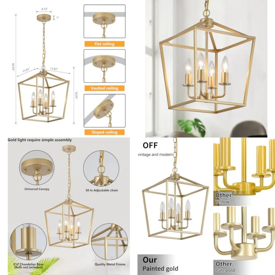 Industrial 4 Lights Chandelier, Lantern Ceiling Light Fixtures with Rustic Metal Cage Adjustable Height Farmhouse Geometric Han