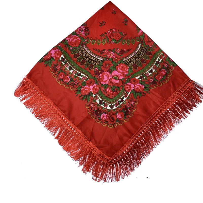 Grand Foulard Carré Imprimé Floral Rétro pour Femme, Bandana Russe à Franges, Pashmina Ethnique, 120x120cm