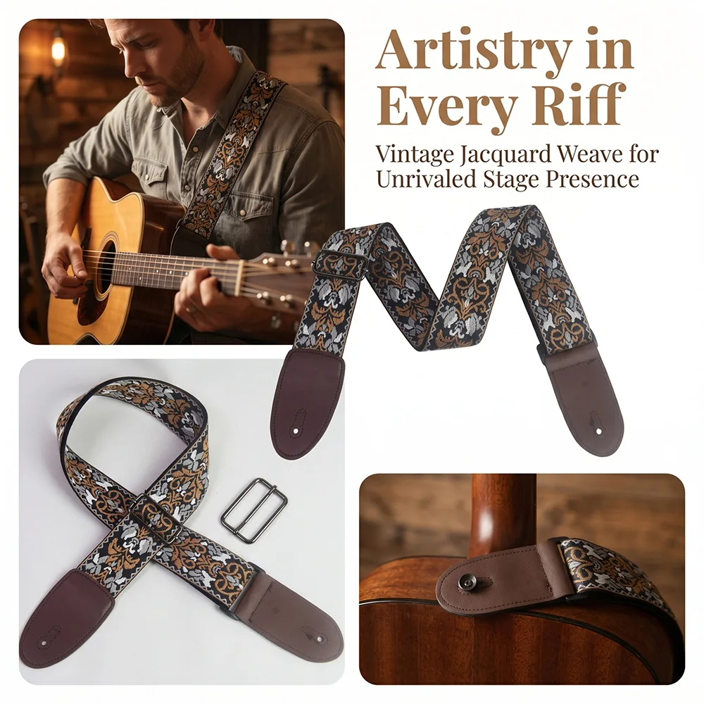 Vintage Pattern Embroidered Guitar Bass Strap Thickened Widened Brown Leather End Shoulder Sling for Electric Guitar - view 4