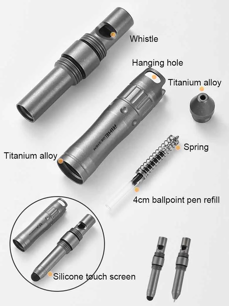 سبائك التيتانيوم متعددة الوظائف قلم توقيع سيليكون رئيس العالمي شاشة تعمل باللمس القلم في الهواء الطلق بقاء قلادة مدرب EDC صافرة