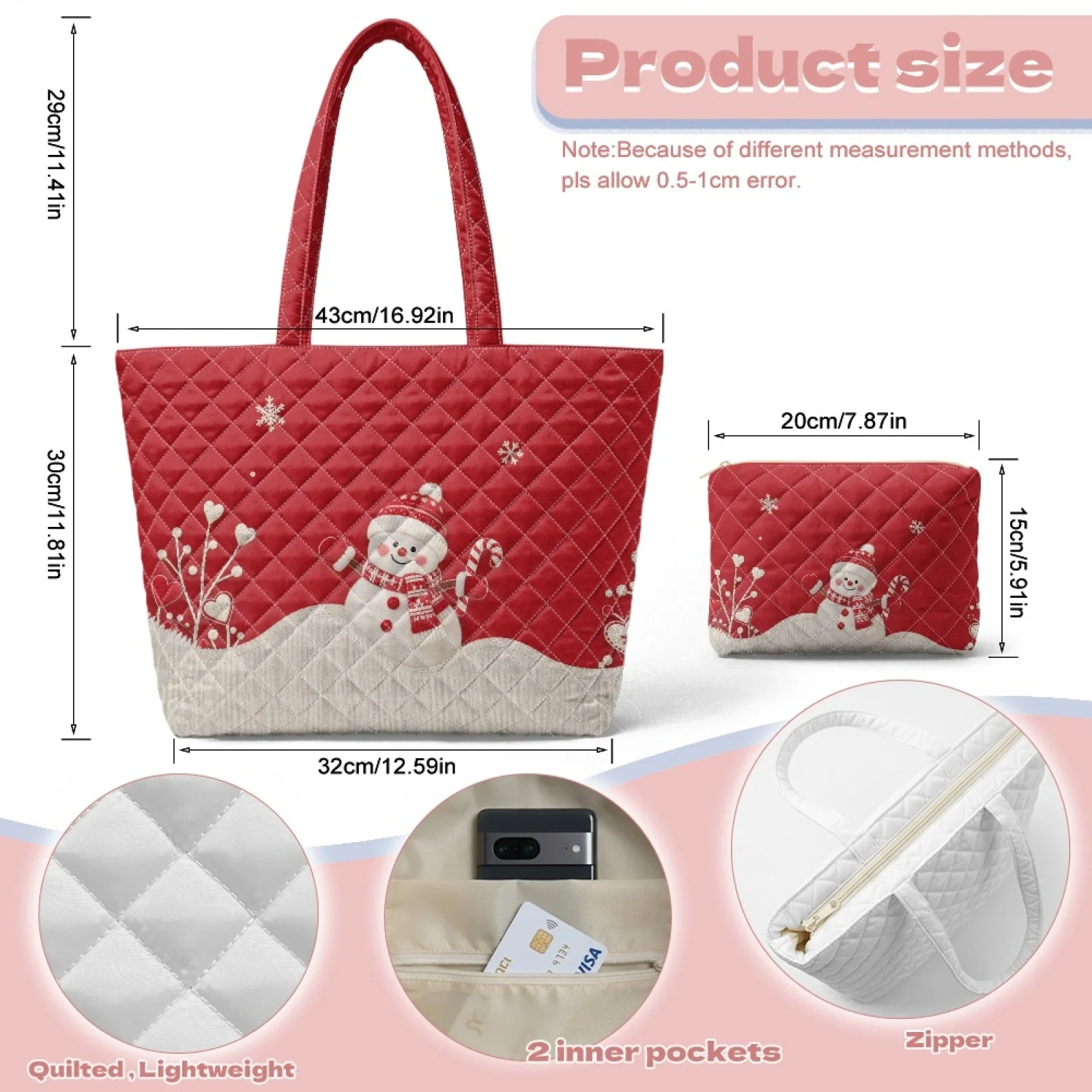 Coloranimal Christmas Snowman Print Set 2 Piece Quilted Casual Tote Bags Handbags Tote Handbag with Cosmetic Pouch for Party