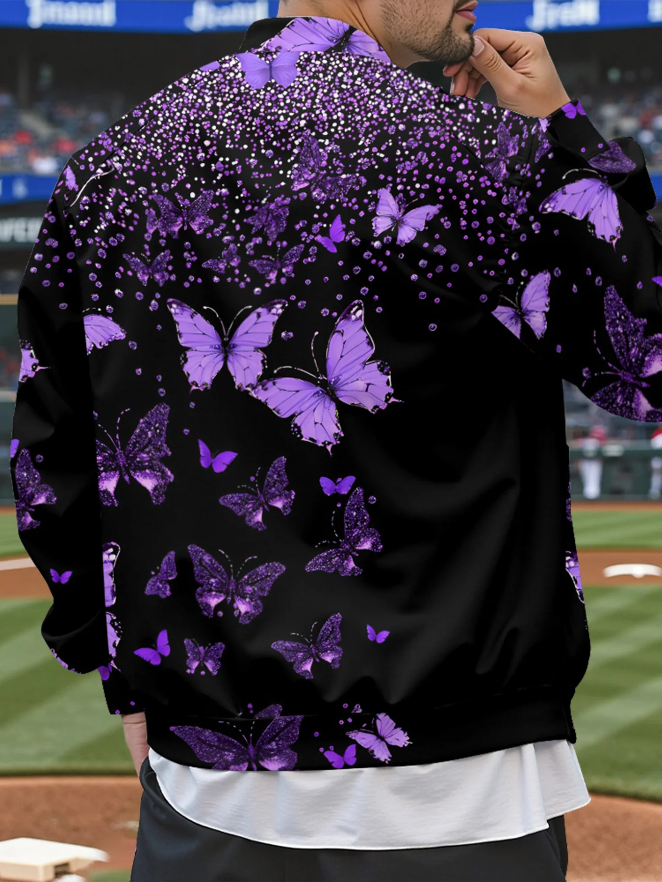 

Градиентная фиолетовая бейсбольная куртка с бабочкой, золотые звезды, корейская уличная мода, пальто в стиле ретро для женщин и мужчин, осенняя многослойная верхняя одежда