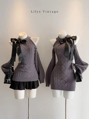 Халат Vestido Feminino с длинными рукавами в стиле ретро, свитер с открытыми плечами, вязаное платье с рукавами-фонариками, осеннее облегающее винтажное платье
