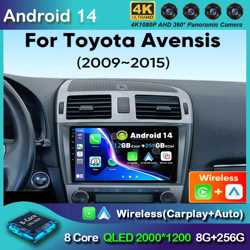 Android 14 Car Radio Multimedia Player For Toyota Avensis 2009 2010 2012 2014 2015 Auto Wireless Carplay DSP 48EQ 2Din