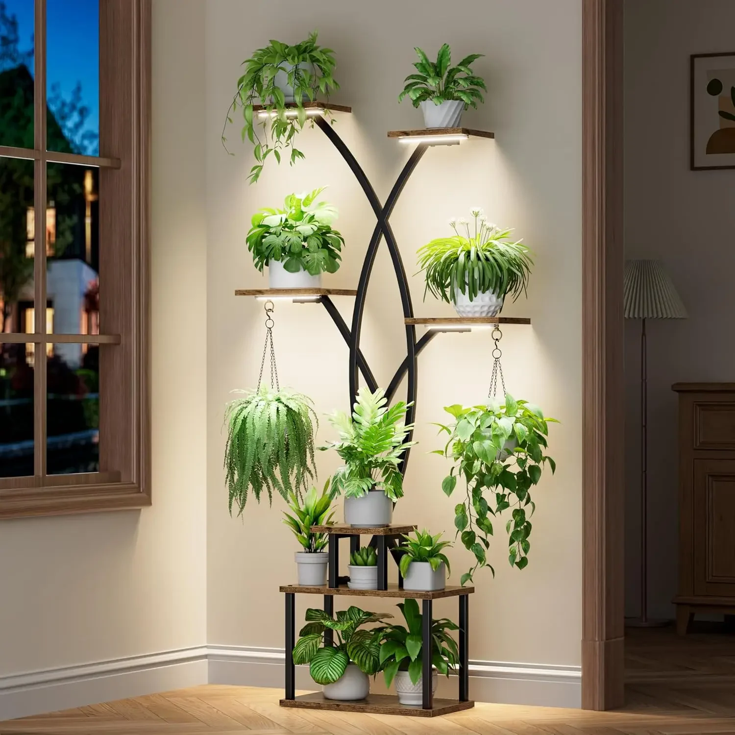 Soporte para plantas de interior de 66" de alto con luz de cultivo - Estante para plantas de metal de 7 niveles para interiores, soportes para plantas para plantas de interior múltiples, árbol S