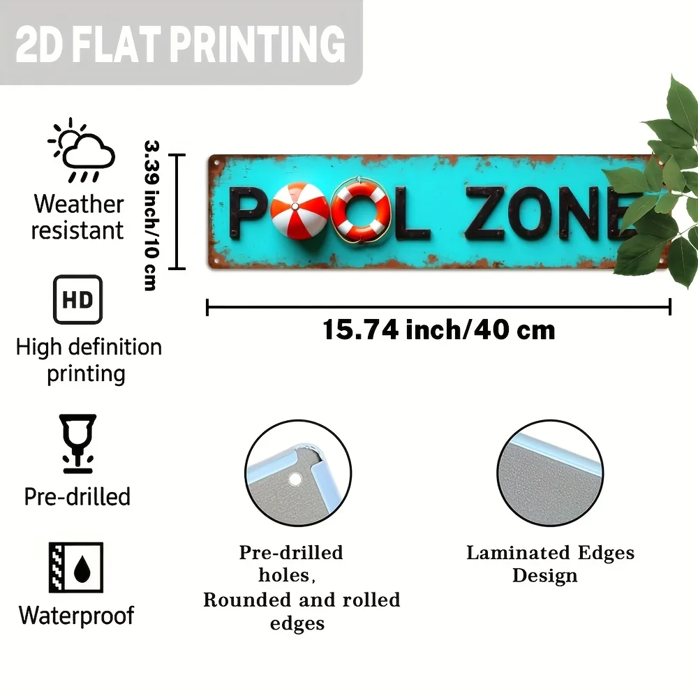 2D Flat Retro Pool Area Metal Wall aluminum Sign - Turquoise with Red Lifebuoy Design - Large 3.93X15.74 Inches Beach House