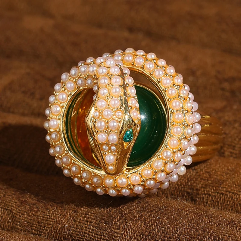 

Vintage Snake Head Pearl Ring Green Agate Eye Gold Color Jewelry Luxury Designer For Women Wedding Brand Cocktail Accessories