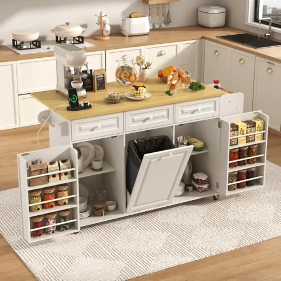 62 inch Rolling Kitchen Island for small spaces: wood finish, white, power outlet + drop leaf + hidden trash cabinet + spice ra