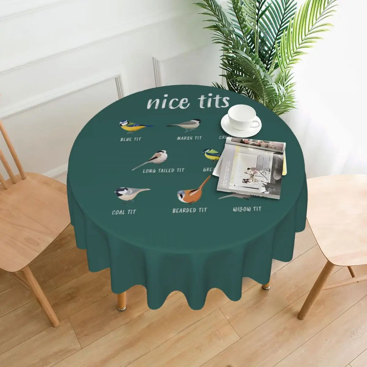 Nice Tits Funny Bird Watching Waterproof Round Tablecloth Oilproof Table Cloth for Kitchen Events Dining Table Cover 60 inch