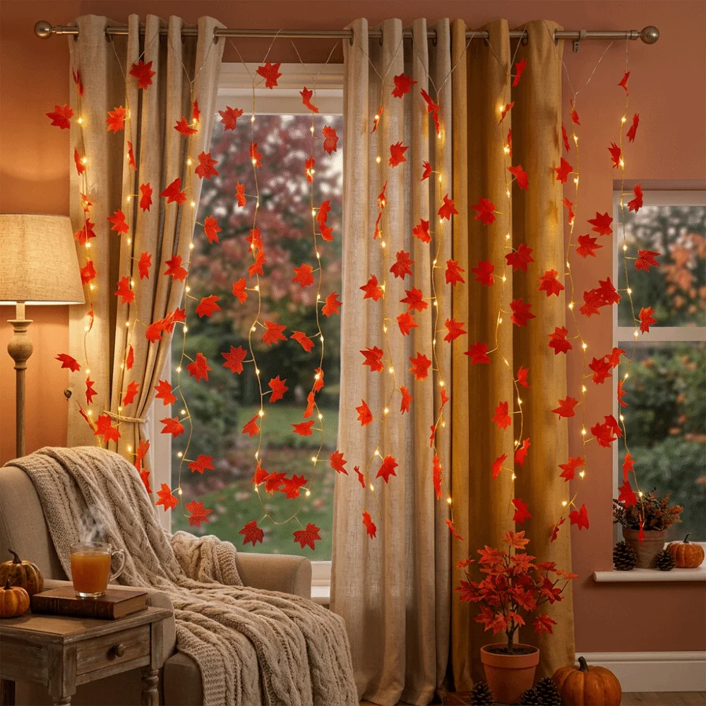 LED String Lights Warm White Lifelike Maple Leaves Fairy Curtain Lights Lightweight Durable Material Remote Control
