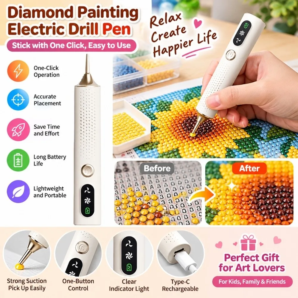 Wireless Electric Diamond Painting Pen Adjustable Speed Automatic Pick Up Diamond Art Vacuum Pen 2 Speed Modes Rhinestone Tool
