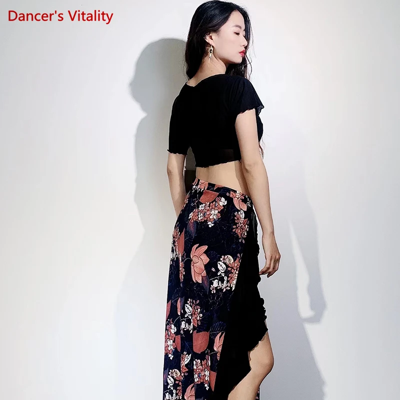 Belly Dance Practice เสื้อผ้าสำหรับสุภาพสตรีชุดเต้นรำตาข่ายแขนสั้น + พิมพ์กระโปรงยาวหญิงเต้นรำโอเรียนเต็ลชุด