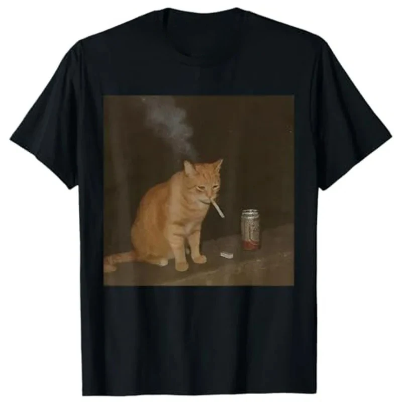Fashion Cat Smoking Cigarette and Beer Baddies Get Saddies T-Shirt Women Drinking Lover Y2k Design Graphic Outfit Tee