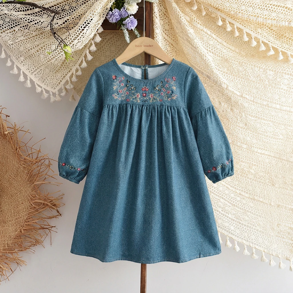 Korean Version Autumn Blue Imitation Denim Fabric Long Sleeved Printed Casual Dress for Girls Aged 3-7 Daily Wear