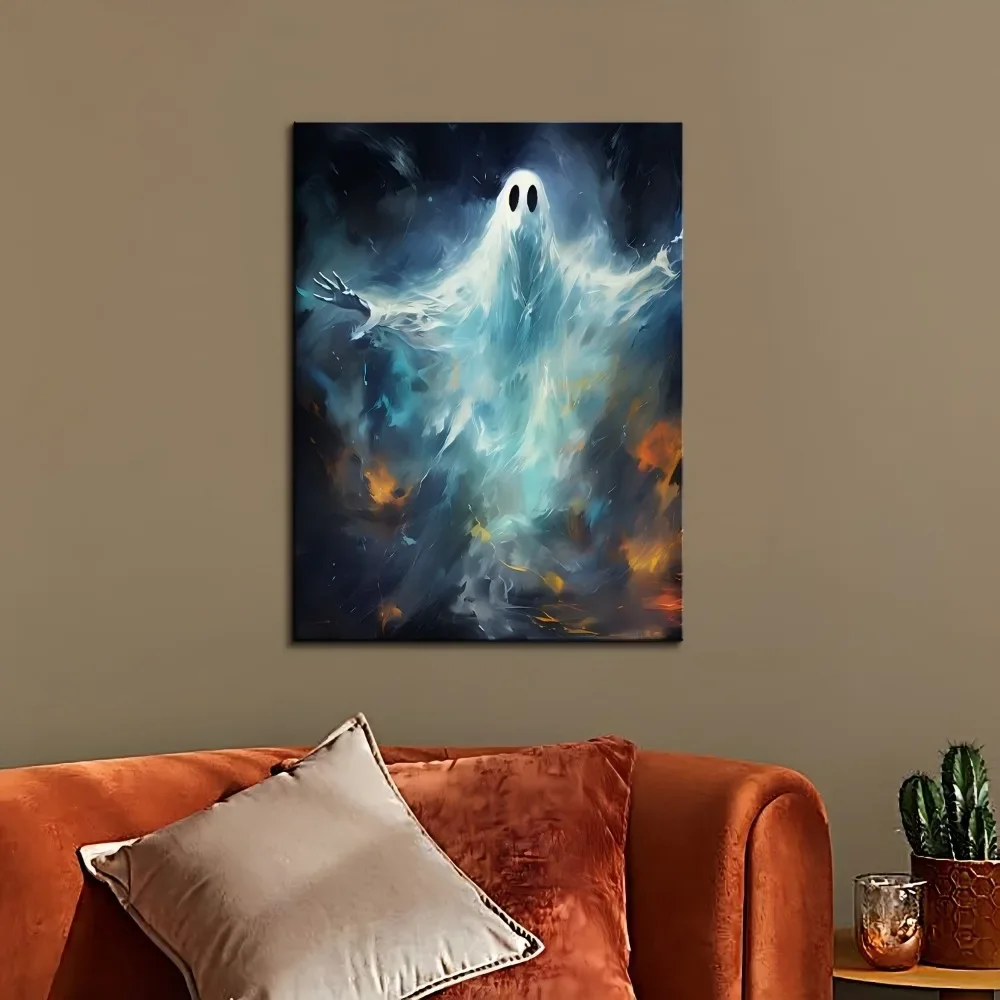 A 1.5-inch solid wood frame,Halloween decorations,and a suspended white sheet with a ghost motif painted on it, hang in the air.