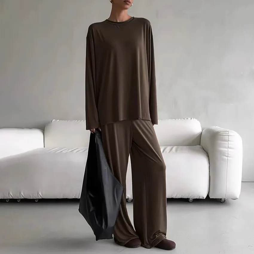 

Loose Top And Pants Set Elastic Home Clothes Long Sve round Ne Casual Comfortable Women's Autumn Home Faion Set