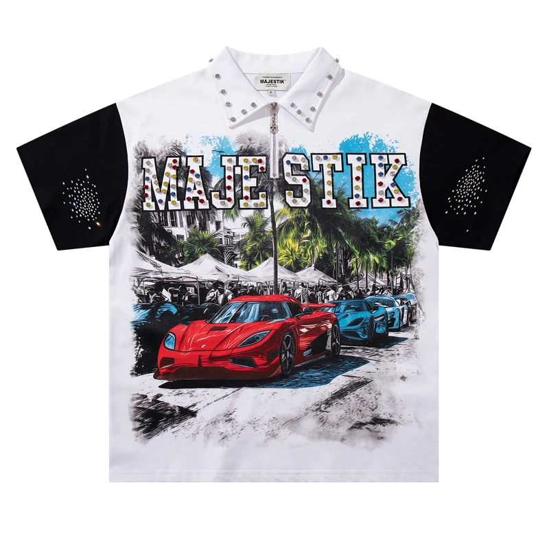 American Fashion Brand Logo Diamond Inlaid Print Half Zip MAJESTIK T-shirt Original Label Car Pattern High-quality Top Tee