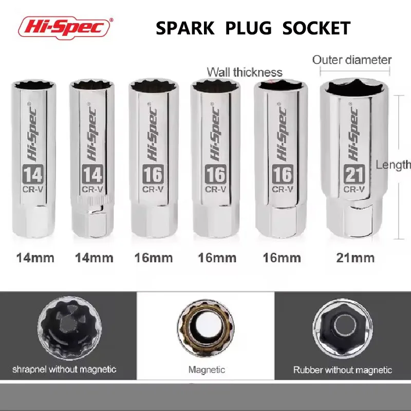 Hi-Spec Car Spark Plug Socket Universal Wrench 14/16/21mm Install Replace Repair Kit Magnetic Spark Plug Removal For Car Repair
