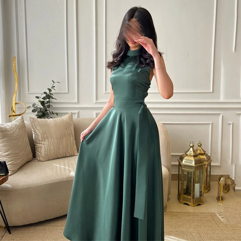 A-line Sleeveless Pleat High Prom Gown Hollow Out Solid Color Elegant Evening Party Dresses for Women فساتين سهرة فخمه