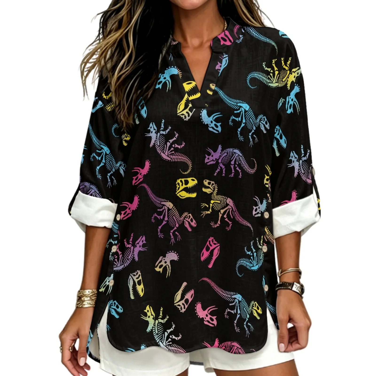 PENSTROLL Dinosaur Skeleton Linen Like Women's Long Sleeve Shirts Notch V Neck Blouses for Womens Oversized V Neck Shirts