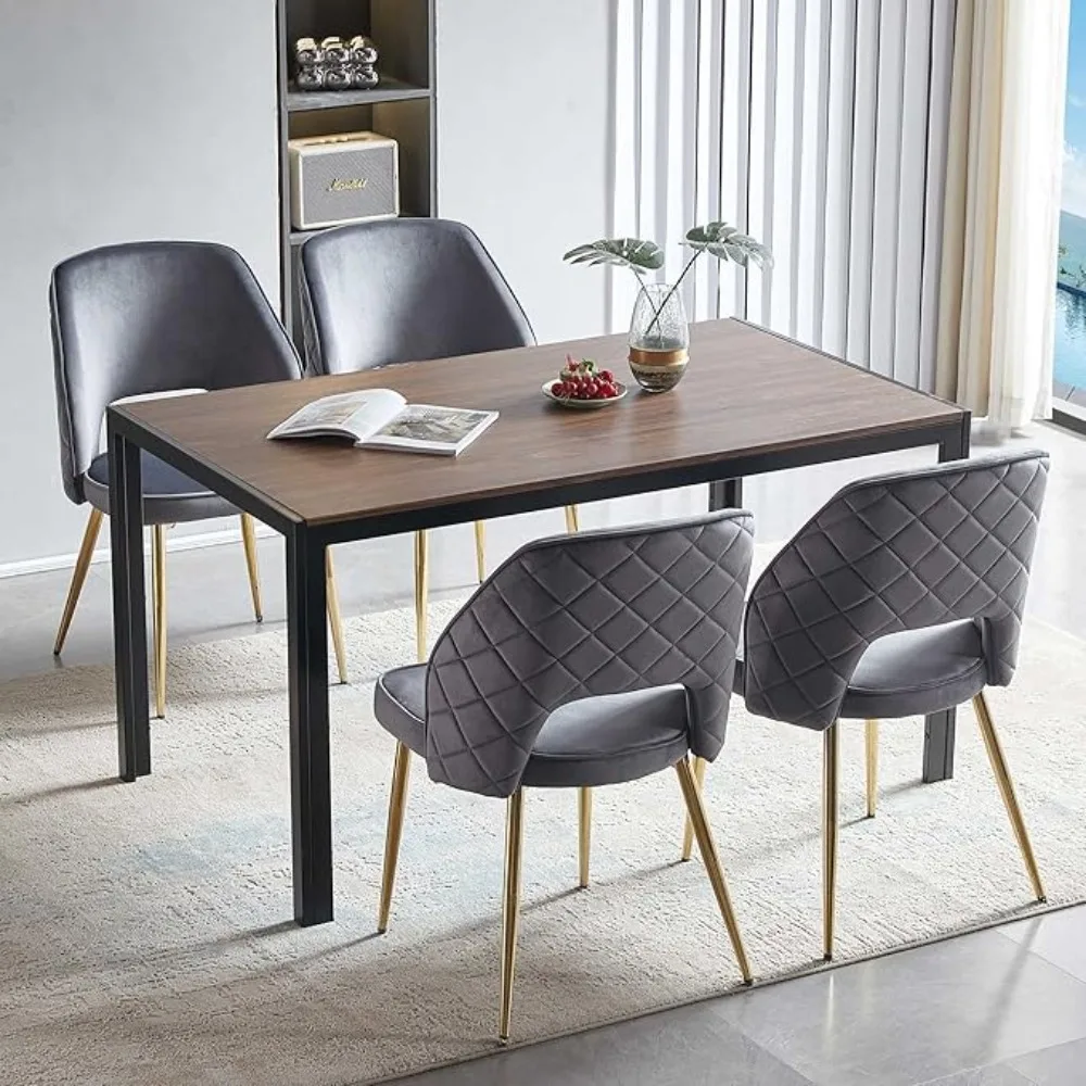 5 Piece 49 in Dining Table Chair Set, Faux Walnut Grain Tabletop with Grey Upholstered Velvet Chairs for 4 People, Hollow Back