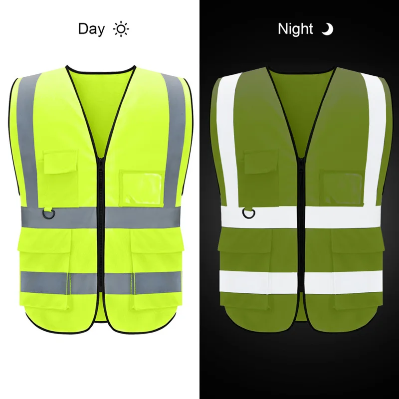 Reflective Safety Vest High Visibility Night Work Security Sleeveless Yellow Vest Construction Workwear Zipper & Pockets Adultsr