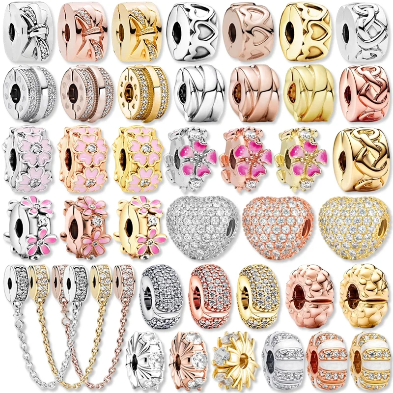 DlY – chaîne de sécurité tricolore scintillante, breloque à Clip, fleur, cœur, perle adaptée aux originaux européens, Bracelet en argent, collier, bijoux cadeau