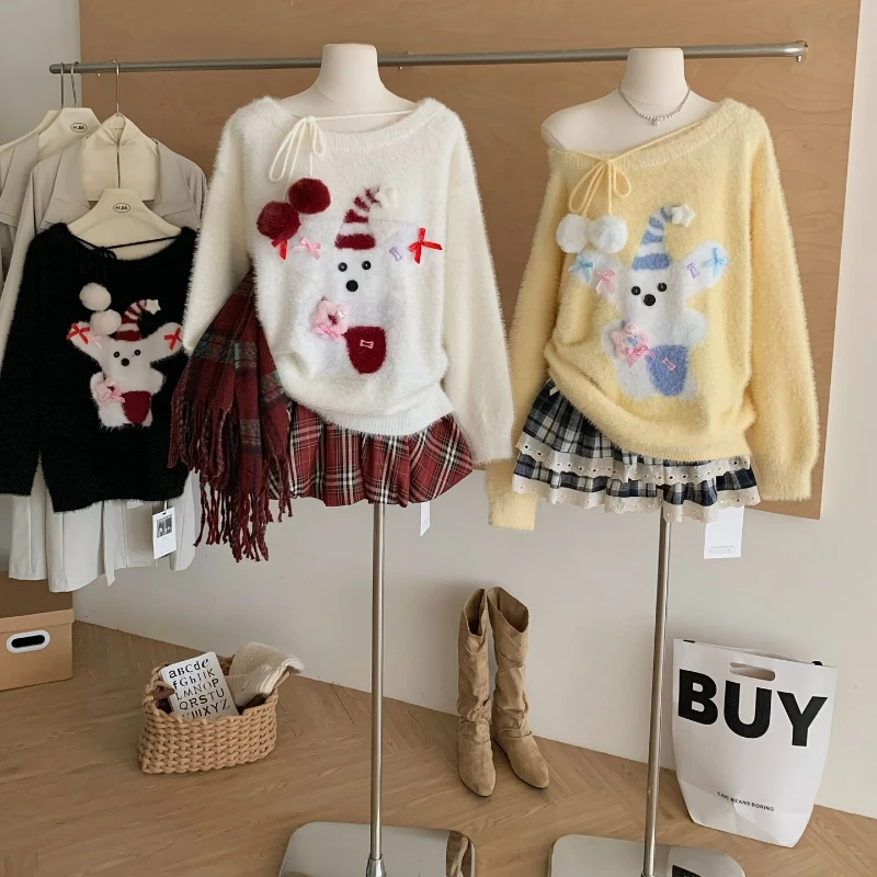 

Y2 Рождественский свитер, женский кавайный вязаный пуловер на шнуровке, женский японский Harajuku норковый кашемировый трикотаж, джемперы, топы