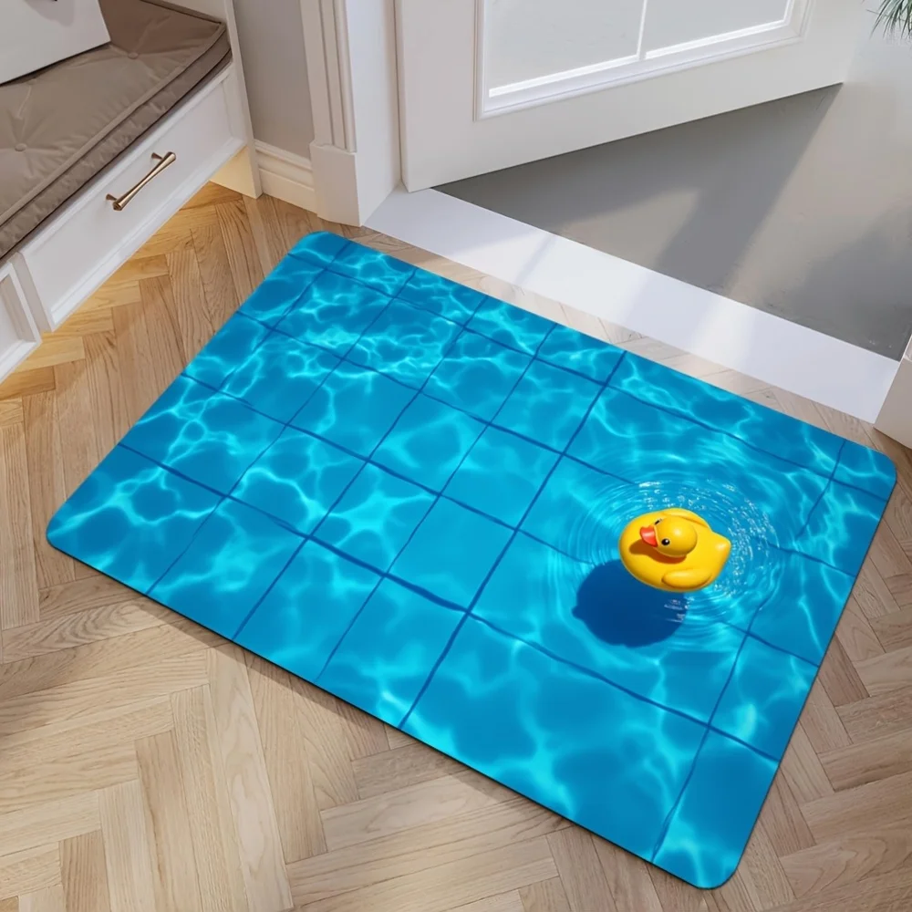 1pc Blue Pool Water Surface Yellow Rubber Duck Printed Floor Mat, Decorative Area Rug for Entrance, Porch, Home Decor